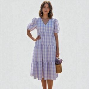 English Factory Tuckernuck Gingham Puff Sleeve Tiered Midi Dress Size S New